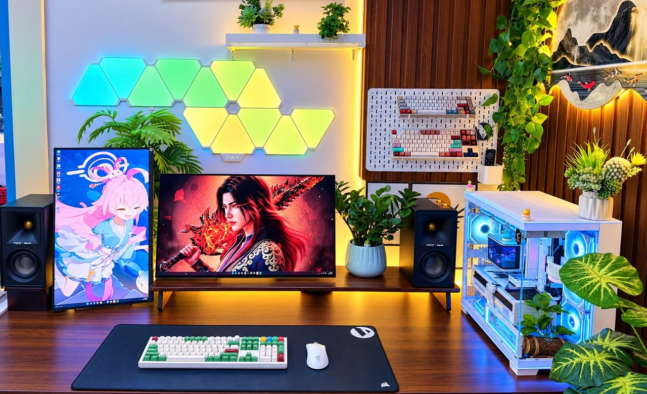 Setup góc máy của Lê Đức Tuấn: Góc setup gaming tone gỗ sáng kết hợp cây xanh và hệ thống LED rực rỡ.