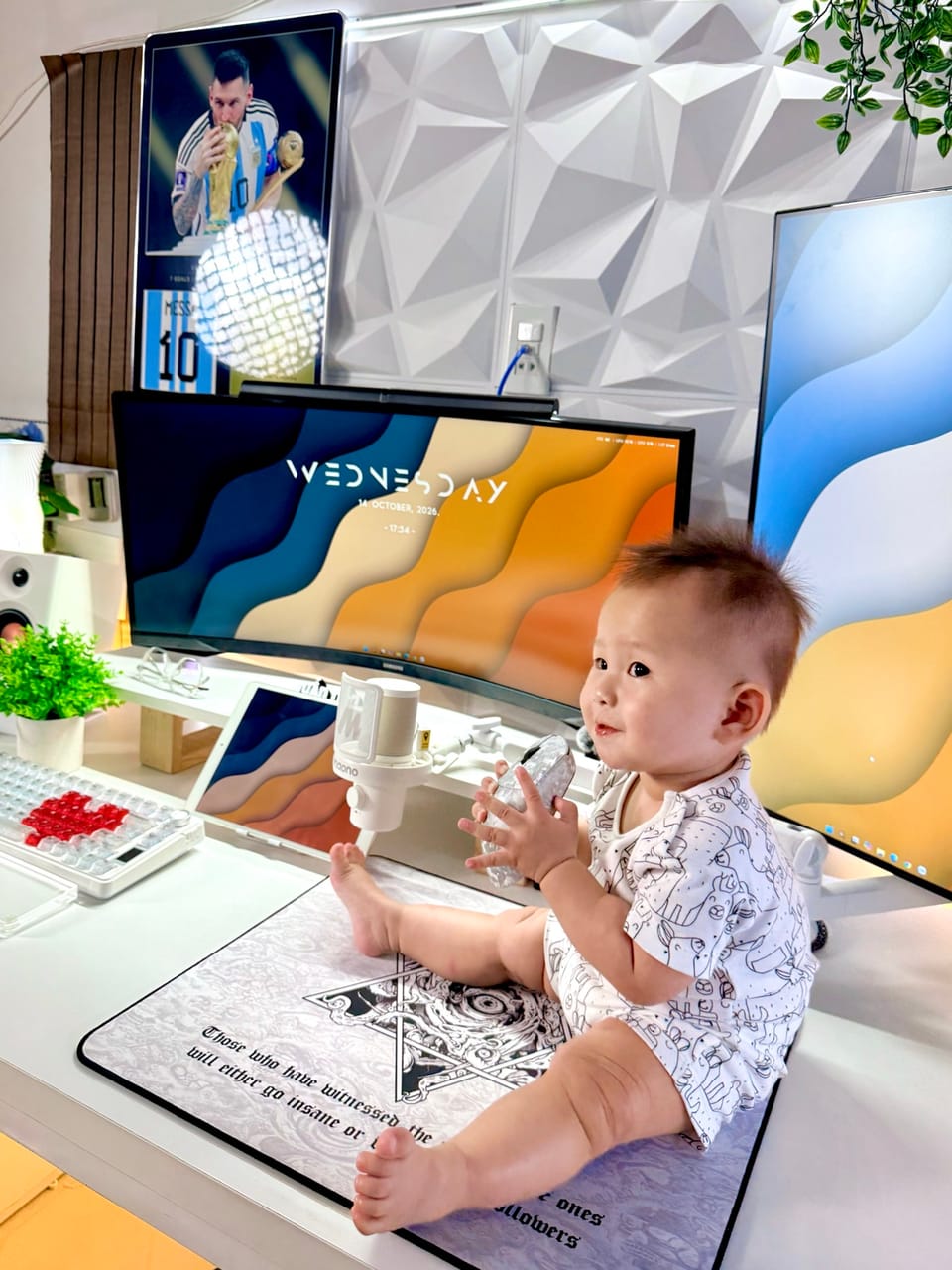 Góc máy của Tuấn Tiền Tỏi 🧄: Góc máy tông trắng tối giản với màn cong Samsung, màn dọc, micro Maono, bàn phím trong suốt và tường 3D.
