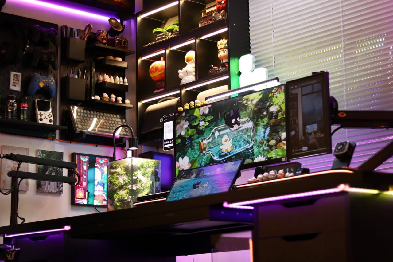 Góc máy của ĐÀO TIẾN HUY: Góc máy đèn RGB tím hồng, ba màn hình, kệ figure, pegboard tay cầm và bể terrarium xanh mát.