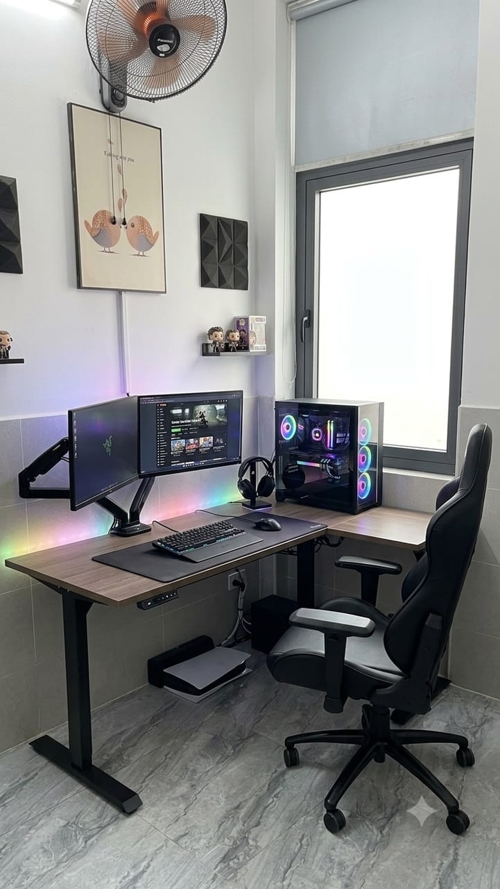 Góc máy của Tài Mai: Góc setup gaming góc L hiện đại tông đen trắng với PC LED RGB và PS5.