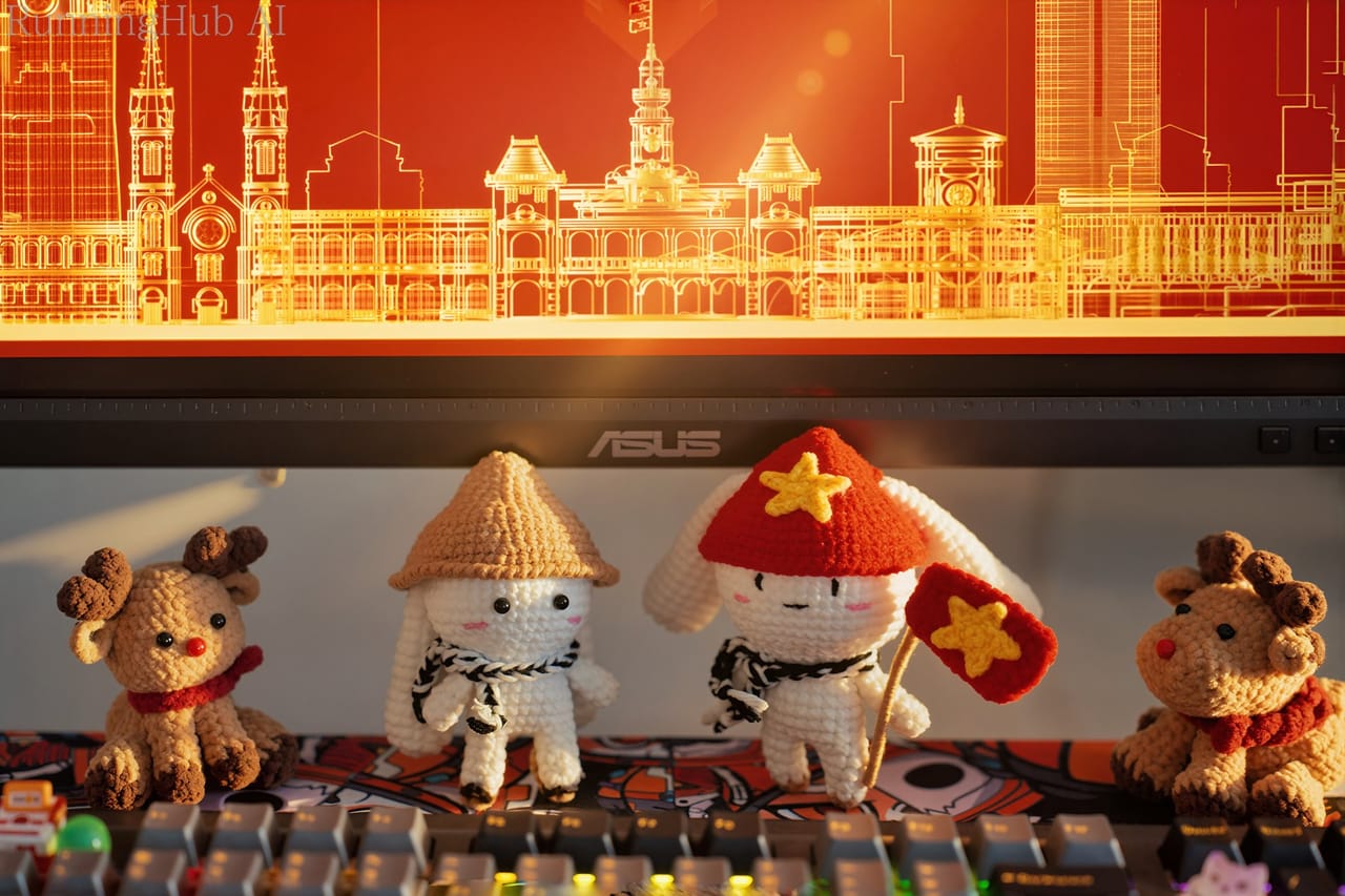 Góc máy của ThanhVinh: Bốn thú len amigurumi đứng trên bàn phím cơ dưới màn hình ASUS hiển thị hình kiến trúc vàng cam, ánh nắng ấm áp.