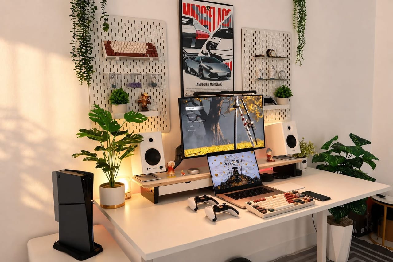 Góc máy của Ghost Strike: Góc setup trắng sáng với nhiều cây xanh, bảng đục lỗ trưng bày phím cơ, màn hình, laptop, hai tay cầm và máy console đen.